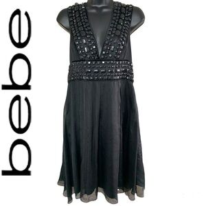 Bebe Black 100% Silk Beaded Cocktail/Party Dress